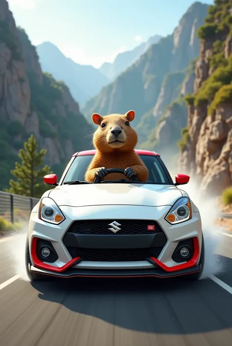 a capybara that drives a white Suzuki Swift Sport drifting in the mountains 