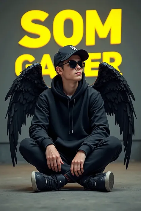 A 20 Year old cute boy sitting on the ground with wings on his feet, vibrant fan art, black leather wings, young man in a black hoodie, Wearing sneakers,a black cricket cap, and sunglasses, he looks ahead. The background features som亗gamer in big and ca
pi...