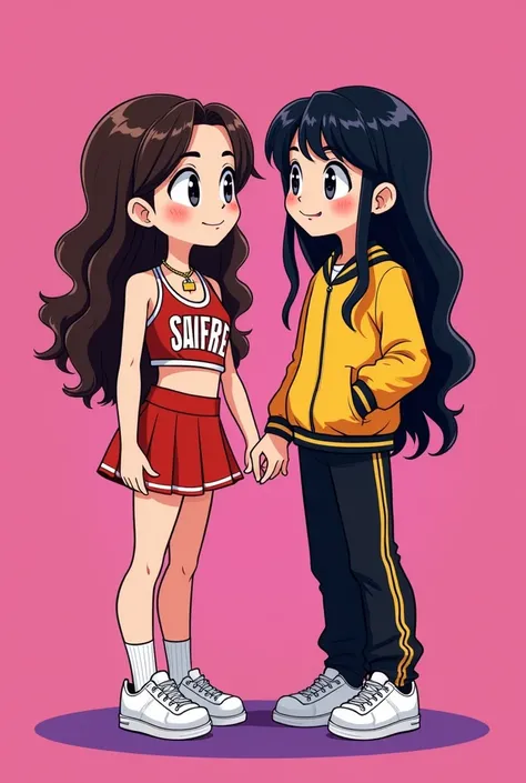 Create a cartoon drawing of a lesbian couple.



The first girl is short,  fair skin, long, slightly wavy dark brown hair, with the detail of two bleached front locks. She wears a cheerleader uniform. She wears a delicate choker with a small gold padlock a...