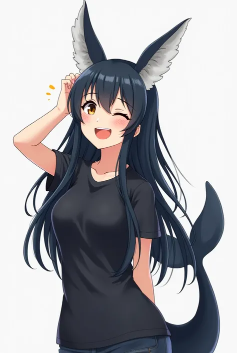 The anime cartoon character is a pretty long black haired girl with the tail of a horny whale at the back waist, with the dorsal fin of an horny whale in the middle of the back and long pointed ears of black and white color. Wearing a black shirt, playing ...