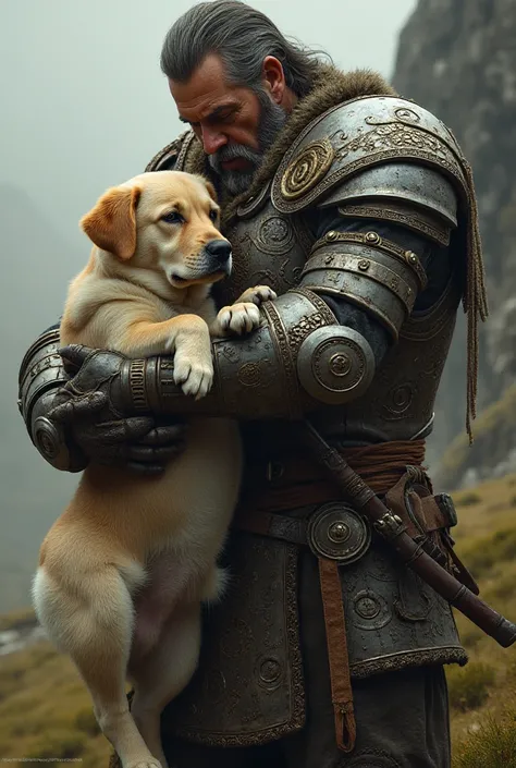 Warrior in ancient armor hug a Labrador dog