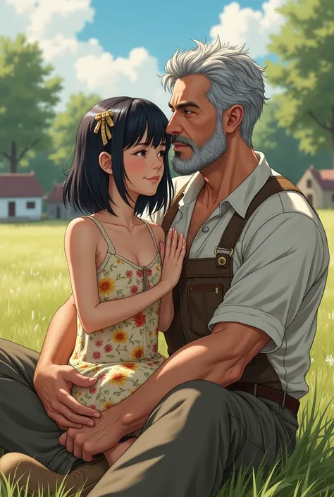 Attractive Japanese  girl petite wearing a floral sundress, , cute, small boobs, shoulder-length hair with whimsy bangs, hair ribbon, on a farm house with an attractive farmer white man in his 50's, muscles. Salt and pepper hair, mustache, beard, tall, buf...