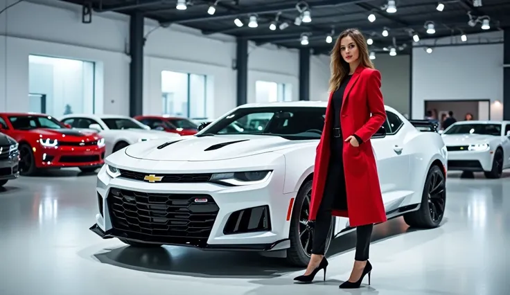 A modern( 2025 Lucid gravity )car showroom with bright lighting and sleek interiors. A stylish woman wearing a red trench coat and high heels stands confidently next to a brand-new white (Chevrolet Camaro). The showroom has a polished floor reflecting the ...