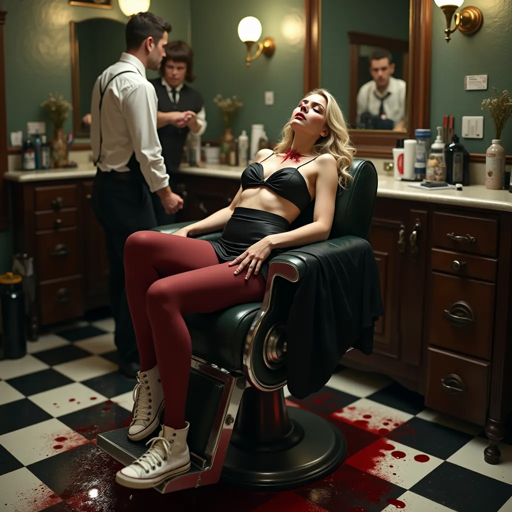 A beautiful young blonde woman in her 20s is fully reclined in a vintage-style barber chair, her body almost horizontal as if lying down. Her legs are crossed, and her feet rest firmly on the footrest of the chair. She is wearing a black mini skirt, dark r...