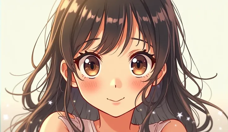 Create Manga image a young girl with long hair, messy hair, wavy locks, big eyes, a little smile is watching us. 