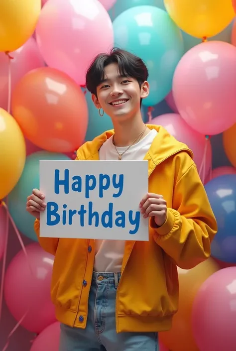 Korean BTS member holding a sign of " HAPPY BIRTHDAY" with fun balloons.