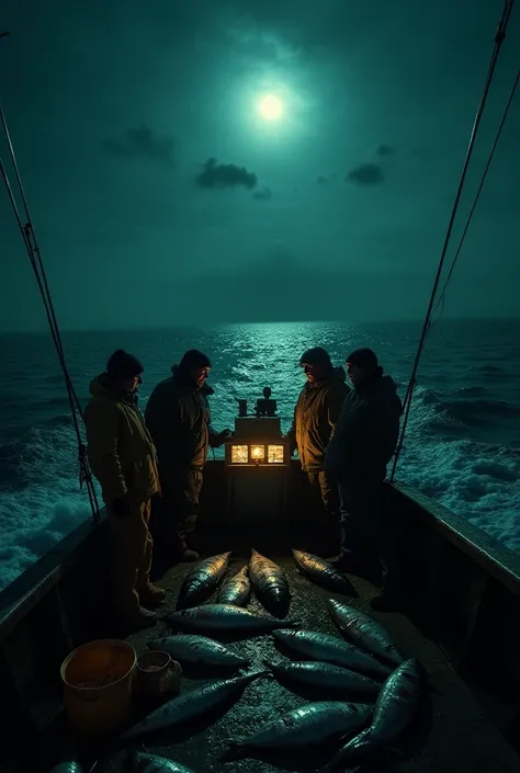  A cinematic ultra-wide-angle shot of a fishing boat drifting in the middle of a vast, dark ocean at night. The water is unnaturally calm, reflecting the cold, silvery glow of the moon. On the boat’s deck, a group of fishermen in heavy raincoats and beanie...