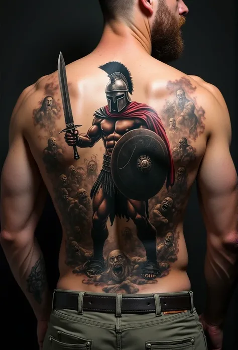 Design a tattoo on a man's back to a Greek Spartan fighting against hundreds of zombies in a war position with his shield, stopping the zombies and attacking with his sword. That the tattoo is hyperrealistic and an environment of terror and war and chaos i...