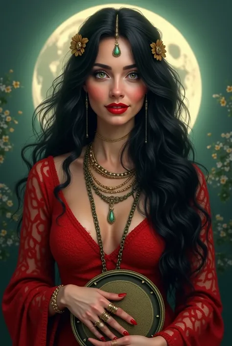  A beautiful brunette Gypsy wearing red lipstick ,  with long black hair with green eyes , wearing rings and with a beautiful smile ,  holding a tambourine wearing a red lace dress and the full moon in the background 