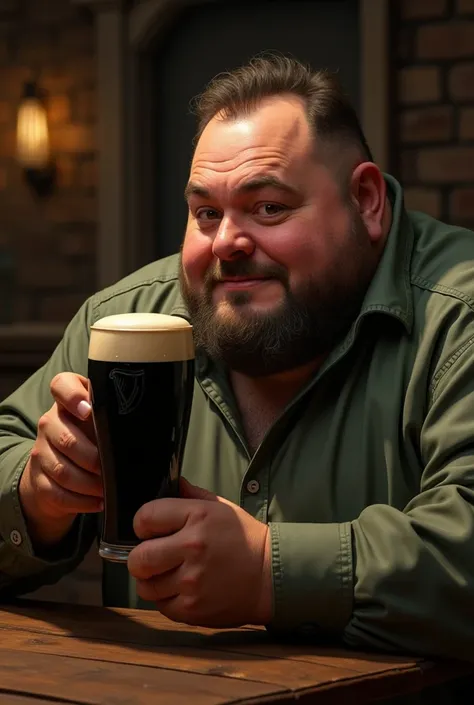 Ultra-realistc, big fat man, drinking a big pint of Guinness 