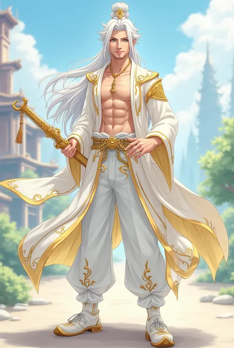 A male anime character in ancient China, with long white hair, golden ornaments on his head, wearing a white shirt with gold stripes, showing off his chest, white trousers with gold patterns, white antique Chinese shoes, armed with a golden white sword, th...