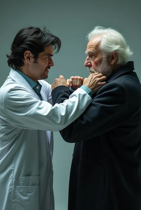 A fight starts between a handsome doctor with black hair in white doctor clothes and an old angry man with white hair in a black coat. They engage in a physical conflict, attempting to overpower each other using aggressive actions like striking and dodging...