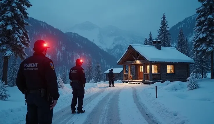 “Police officers standing outside the cabin with flashing lights. The snow continues to fall around them, adding to the tense atmosphere. The cabin is quiet now, and a wide shot of the snowy mountains reveals an overwhelming sense of unease. The group leav...