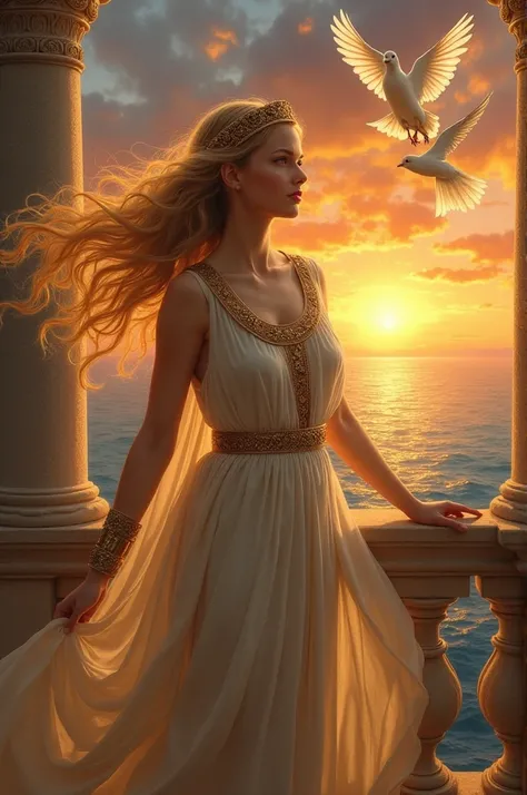 Create a medieval-style painting of Helen of Troy standing on a balcony, her golden hair flowing in the wind, with a serene expression. The background shows a vibrant sunset over the sea, with doves flying around her. The colors should be rich and warm, em...