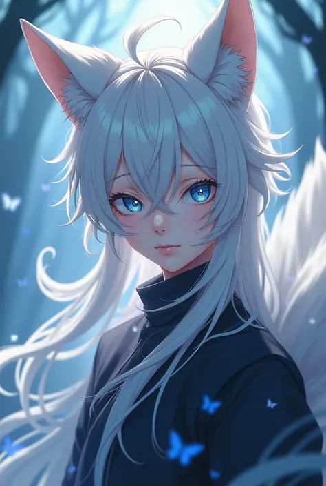 25-year-old male anime character, with long white hair and blue eyes,  with fox ears and tails .