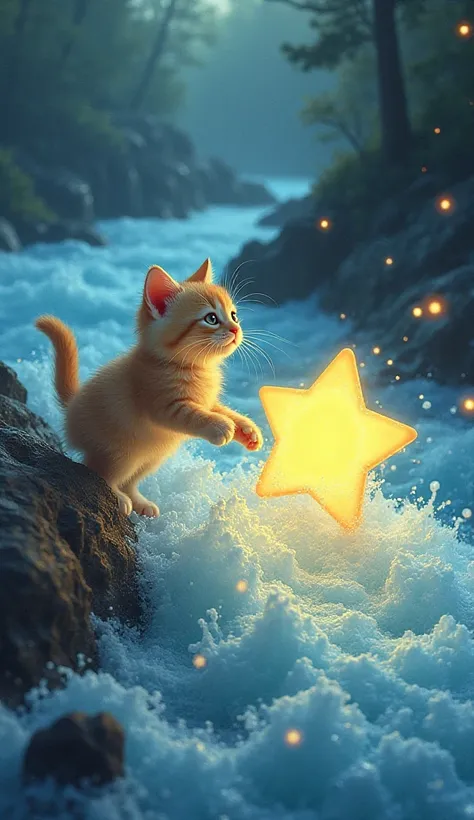 Image of a kitten saving a star who is being drowned in the river