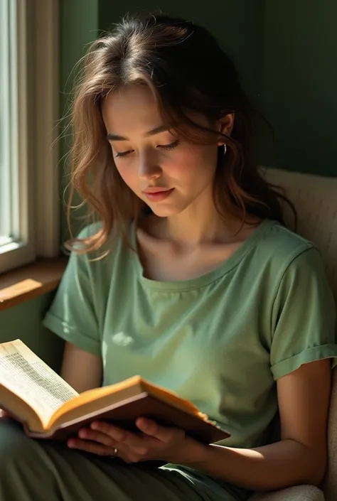 a beautiful women reading a book with a green t shirt 