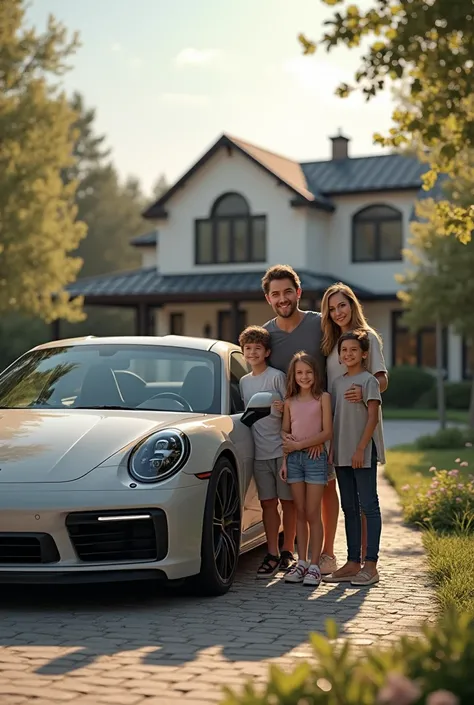 In the background is a beautiful house ,  next to a porche brand sedan a car .  There is a handsome man next to him and a handsome woman next to him and twin boys next to him, one girl and another boy