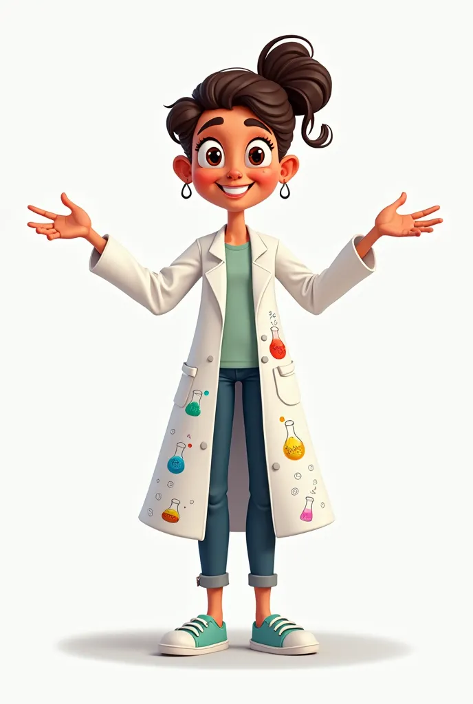 CREATE A 2D IMAGE OF A WOMAN WITH OPEN ARMS AND WHO IS CHEMICAL SO SHE WEARS A WHITE COAT,  that is a cartoon type 