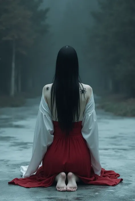 A japanese woman sitting on her knees. with marble white skin [[[highlytexture skin]]]. long black hair that flows down her shoulders and back. She wears a white and red kimono. her back is partially uncovered showing the most beautiful spider tattoo on he...