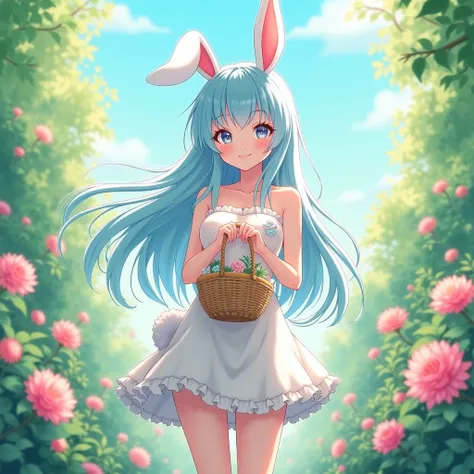 Anime girl with long sky blue hair wearing strapless bunny outfit in garden holding basket