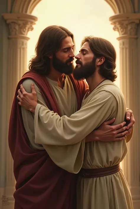 Generate an image for me where Jesus appears embracing the man