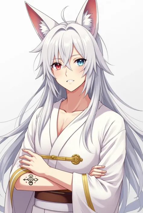 25-year-old male anime character, with long white hair and heterochromia eyes,  blue eyes on the right and red eyes on the left, With ears and with nine fox tails, wearing a white kimono with gold details, And with a tribal tattoo on her arms.