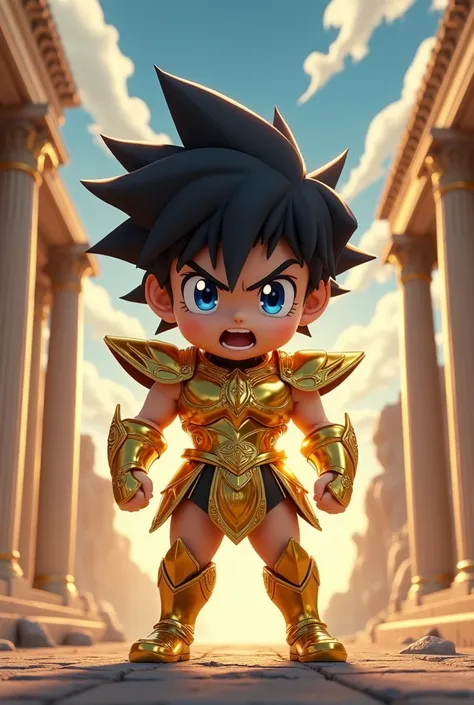 "A highly detailed and semi-realistic 3D-rendered baby warrior, inspired by anime, standing in a powerful and furious pose, wearing a Gold Cloth armor inspired by Saint Seiya (Knights of the Zodiac). The armor is sleek, metallic, and intricately designed w...