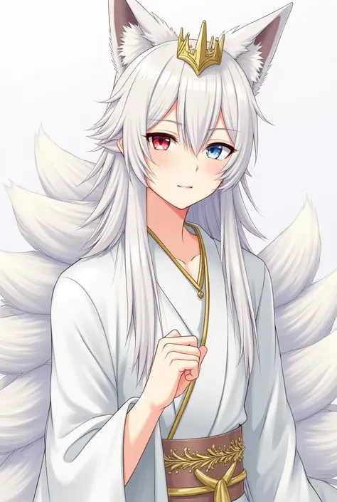 25-year-old male anime character, with long white hair and heterochromia eyes, blue eyes on the right and red eyes on the left , With ears and with nine fox tails, wearing a white kimono with gold details and a gold crown on the head.