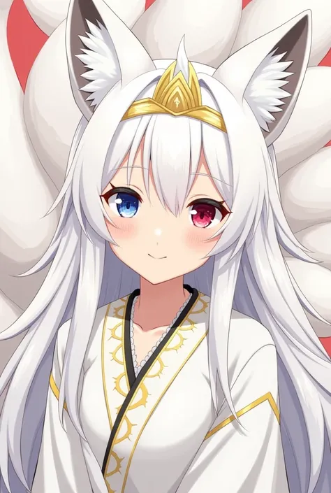 25-year-old male anime character, with long white hair and heterochromia eyes, blue eyes on the right and red eyes on the left , With ears and with nine fox tails, wearing a white kimono with gold details and a gold crown on the head.