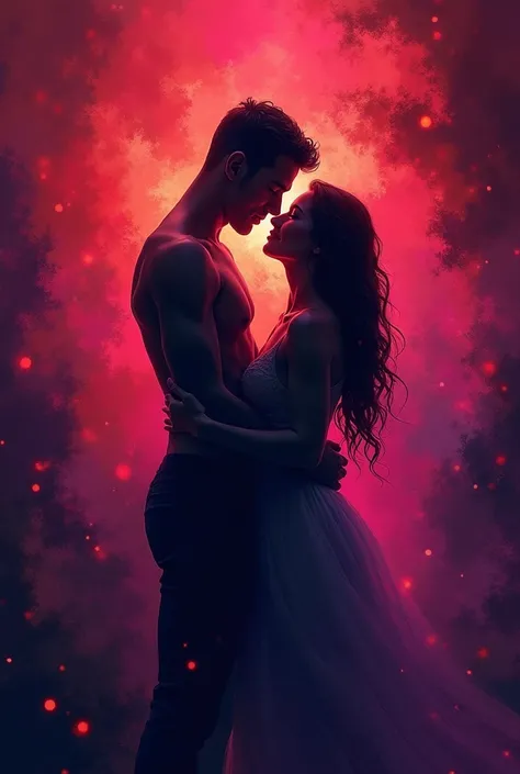 Create the cover of an erotic romantic book with faint silhouettes and strong colors, colorful and passionate tones