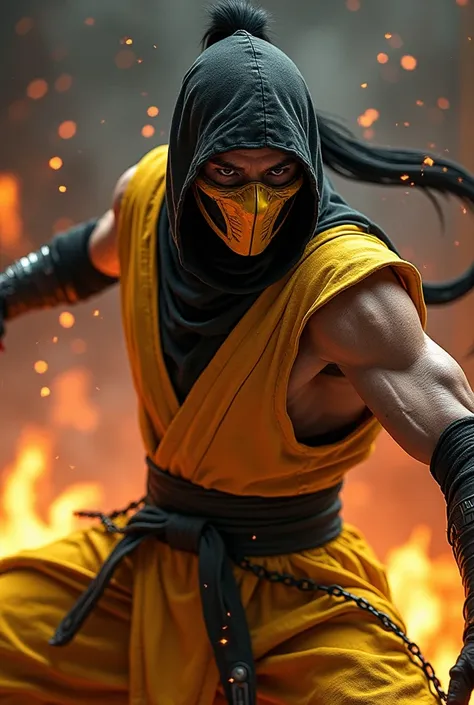  Create a dynamic and ultra-realistic image of Scorpion  (Hanzo Hasashi)  of Mortal Kombat in motion .  He must be in full action ,  launching your kunai with your kunai Towards the spectator ,  with the chain moving in the air and bright sparks coming out...