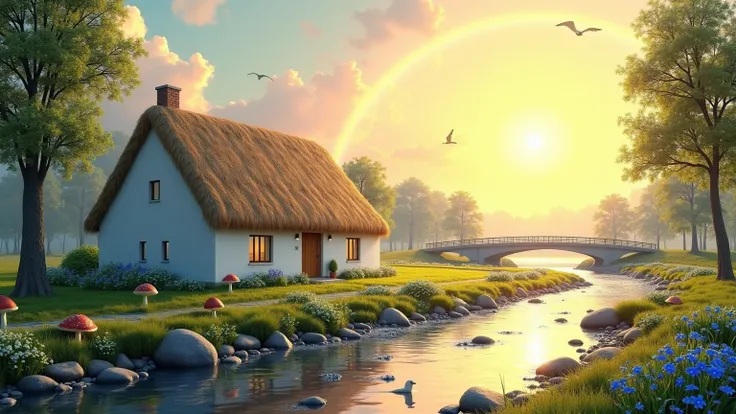 A big white straw house,  long and well defined ,  is positioned on the edge of a river .  Your roof and structure are highlighted by the yellow and pink Sun , called Sol ,  shining directly above ,  accompanied by a rainbow vibrant in the sky . Next to th...