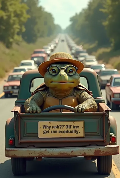 A relaxed tortoise sits behind the wheel of an old, beat-up pickup truck, wearing a straw hat and round glasses. His hands grip the steering wheel tightly, and his speedometer barely moves past 5 mph. A long line of angry cars honk behind him, but he doesn...