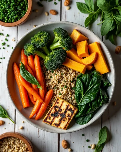 A top-down view of a balanced plate with roasted vegetables as carrots, brocoli, pumpking, spinach, quinoa, and a portion of grilled tofu. The setting is a rustic wooden table with fresh ingredients scattered around, such as leafy greens, whole grains, and...