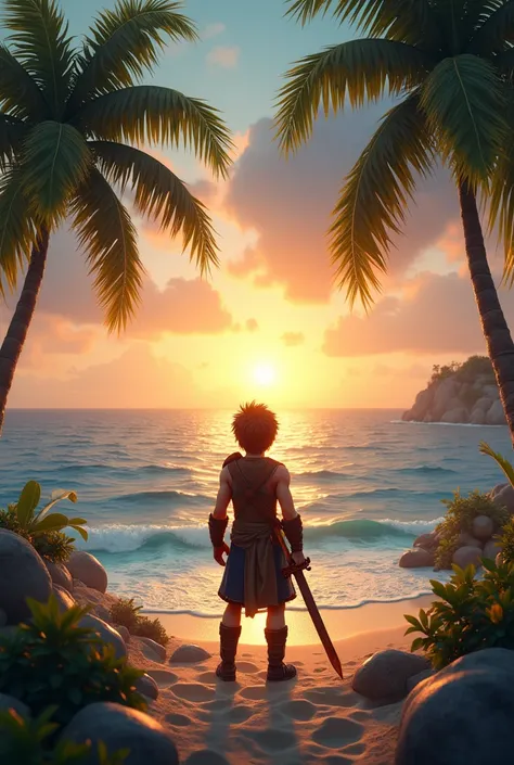 A highly realistic 3D-rendered scene of a young warrior standing on the shores of a tropical island at sunrise. He holds a rusty sword, gazing at the vast ocean, determined to start his journey. Palm trees sway in the breeze, and NPCs roam the island, givi...