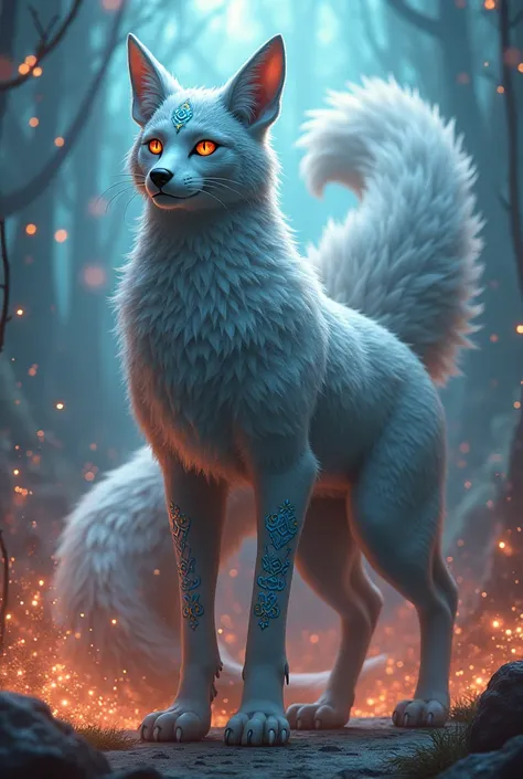 A ten-tailed fox, 6 meters tall , feline eyes and heterochromia,  blue eyes on the right and red eyes on the left. 