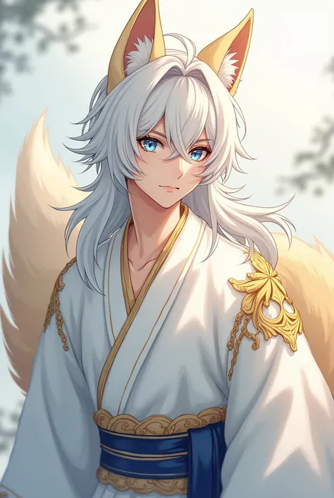  Male anime character , with long white hair and blue eyes, With ears and with fox tails, wearing a white kimono with gold details