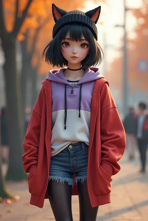 (photorealism:1.2), She's a Korean-American girl pale skin, stylish layered wolf cut medium black hair, hazel eyes she generally wear a long-sleeved light greyish-purple shirt with black stripes underneath a short-sleeved half-lavender and half-white t-shi...