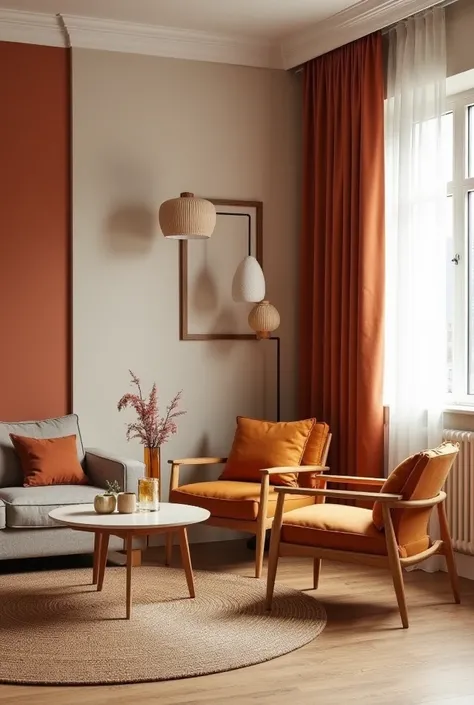  a space that combines warm and neutral colors following the 60-30-10 rule, The 60 %  the design is based on a soft neutral tone , like beige, sand or light gray ,  applied to the walls and main furniture . the 30th%  introduces a warm color ,  like terrac...