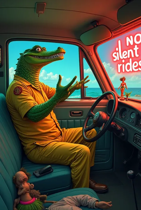 A grinning crocodile wearing a wrinkled taxi driver uniform leans back in his seat, gesturing wildly as he tells an exaggerated story. His passenger looks exhausted, staring out the window, clearly trapped in a never-ending conversation. A plastic hula gir...