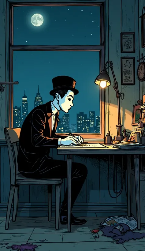 an image of a mime working late at night comic style