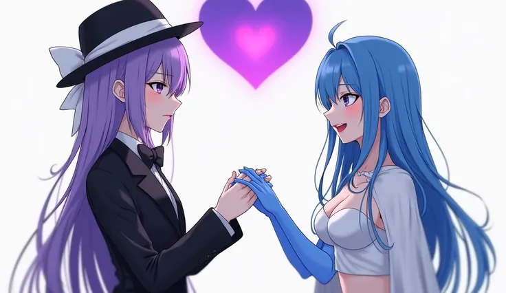 Two girls holding hands. Above their hands, a single heart with two colors: purple on the left and blue on the right, smoothly blending in the middle. The girl on the left has purple hair and purple eyes, wearing a black suit with a bow tie, a black hat wi...