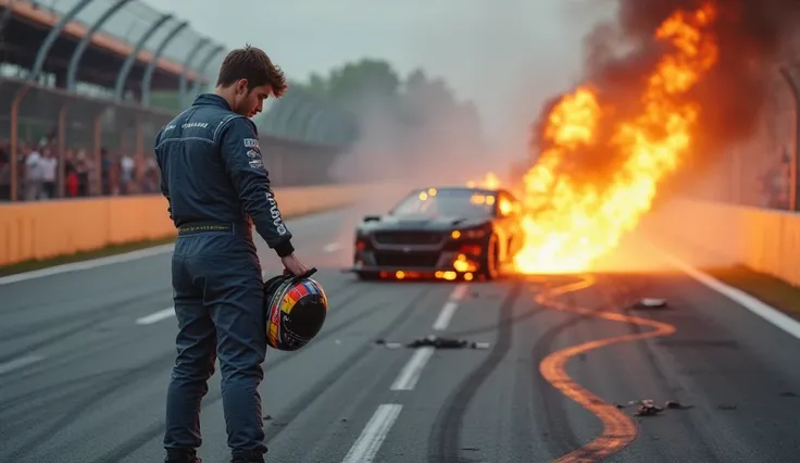 A young man in a racing suit stands with his head bowed, holding his racing helmet in one hand. Behind him, his race car is engulfed in flames after skidding off the track, thick smoke rising into the sky. Tire marks and debris scatter across the asphalt, ...