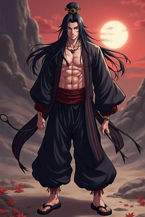 A male anime character in ancient China, with long black hair, shiny black jewelry on his head, wearing a striped black shirt, showing off his chest, black trousers with red stripes, black shoes with red stripes, armed with a black whip, the backdrop is a ...