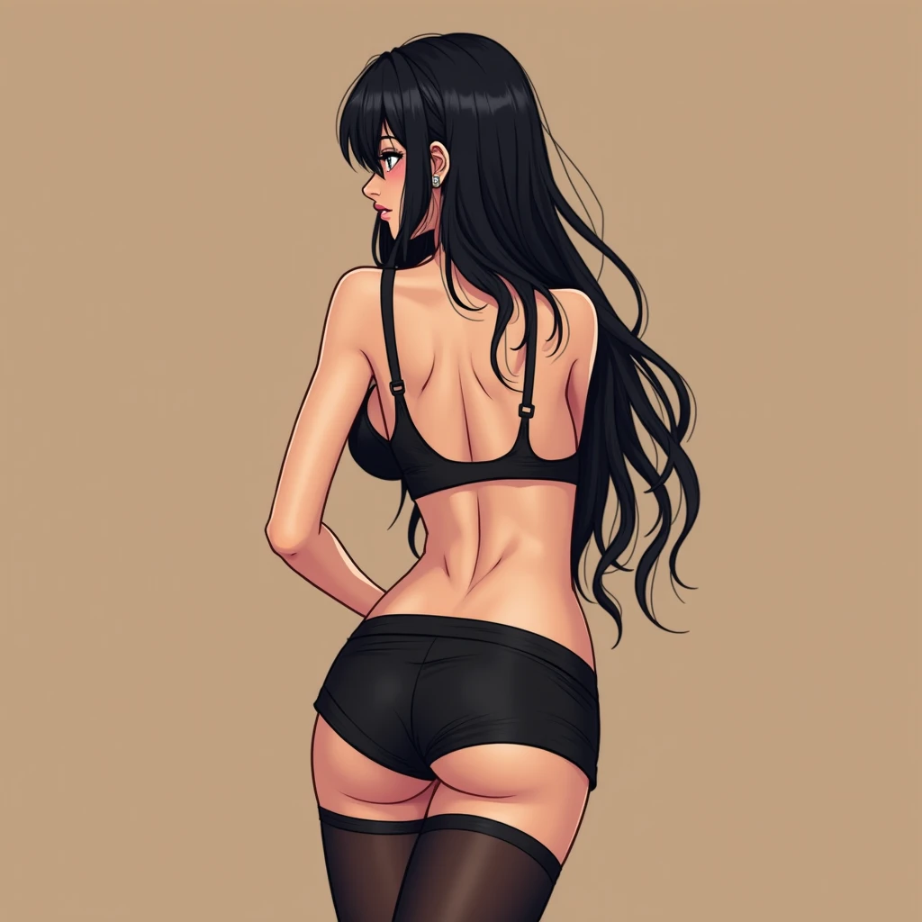 girl,  com a mão na Waist, short black clothes, police, Short tight ,is, ,  Anime art, short clothes, pose sexy, design, Body, OUTLINE, Waist,  long black hair , brown background, Body completo,  black bra , sexy pose, model, back,  rear view, 3 people