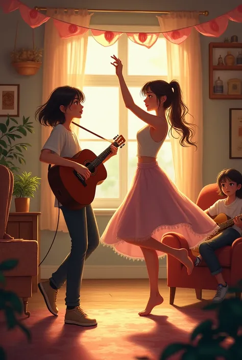 The girl is playing the guitar and the other is dancing, sitting on the side