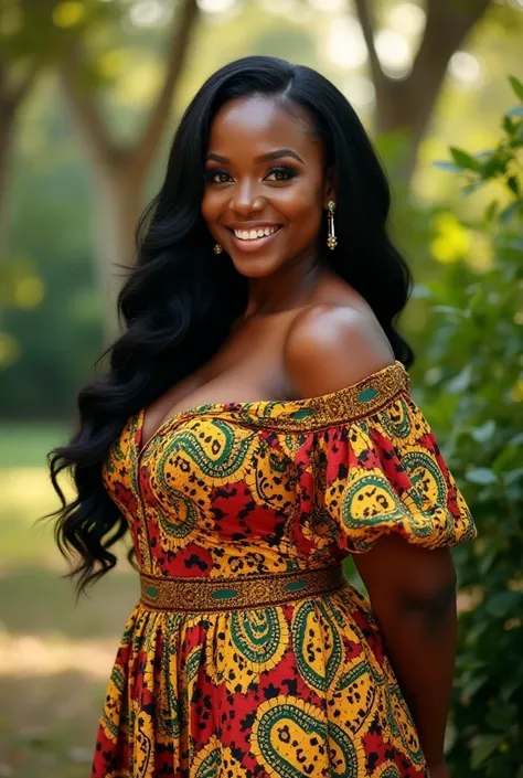 

A young, beautiful chubby African lady with deep brown skin, dressed gorgeously in a vibrant, flowing African print gown with intricate patterns in shades of gold, red, and green. She has long, silky black hair cascading down her back, and her confident,...