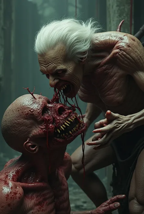 ultra-realistc, Monster grandma tearing off a monster man's head 