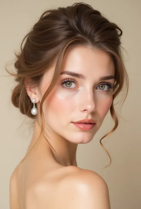 

**Prompt:** 

". Portrait of a young woman with light brown hair, elegantly styled backwards in a bun style.  Her hair is soft and shiny, with thin strands falling around her face. .  Her eyes are large and colored in green. .  Her skin is soft and brigh...